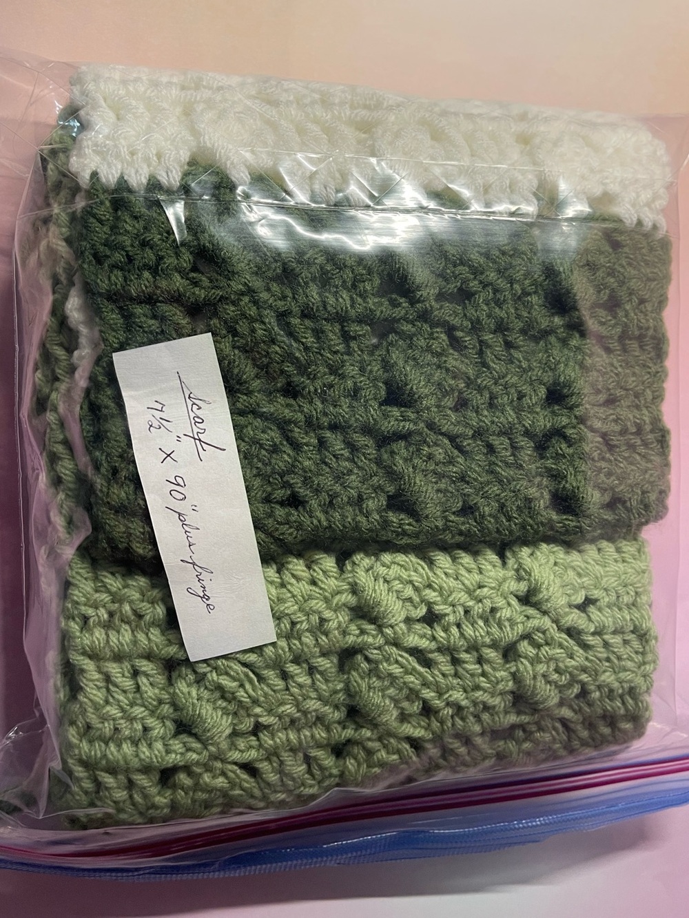 Handmade Crochet Scarf in White, Olive and Sage Green with Fringe